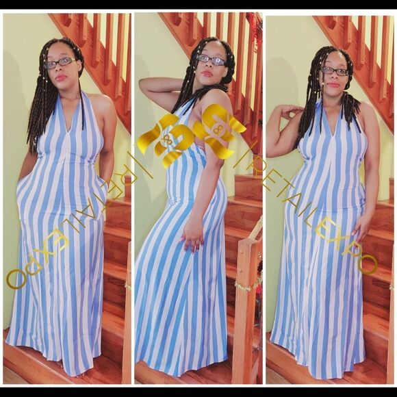 Blue & White Striped Maxi Halter Dress - Picture 1 of 4